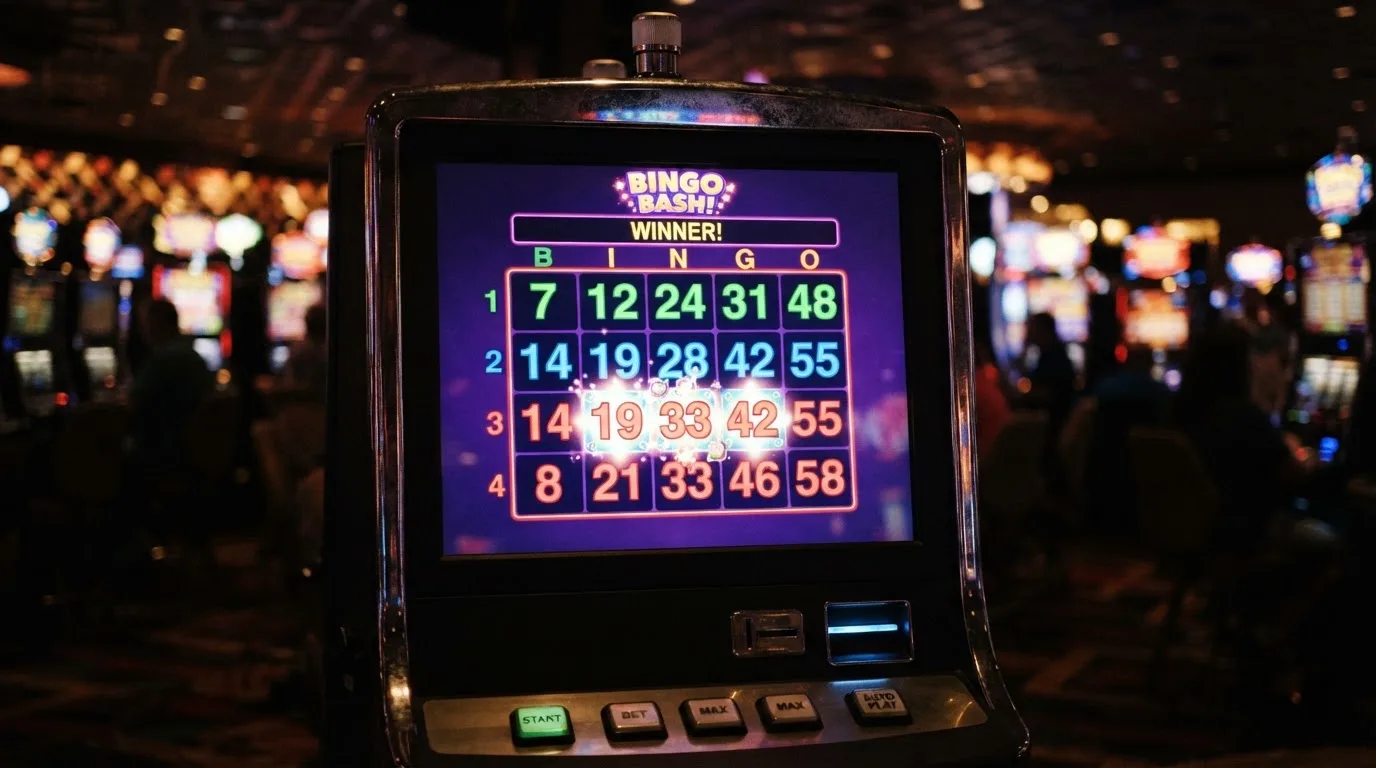 Ekran automatu do gry z kolorową planszą w stylu bingo i podświetlonymi liczbami