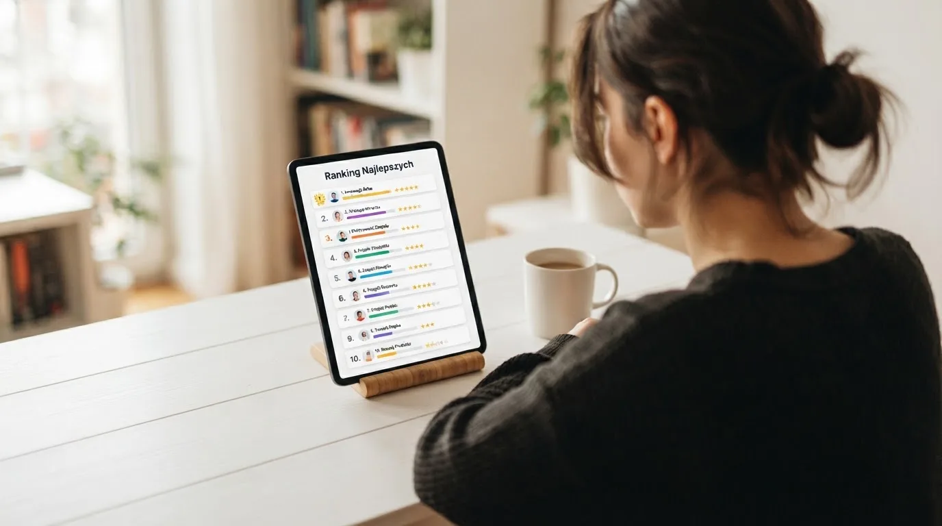 Ranking dziesięciu kart operatorów online ułożonych od najwyżej do najniżej ocenionego na ekranie tabletu.