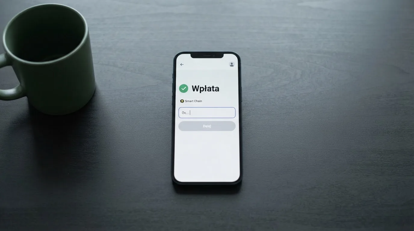 Zbliżenie na formularz wpłaty w kasynie online z polem na adres portfela kryptowalutowego BNB Smart Chain.