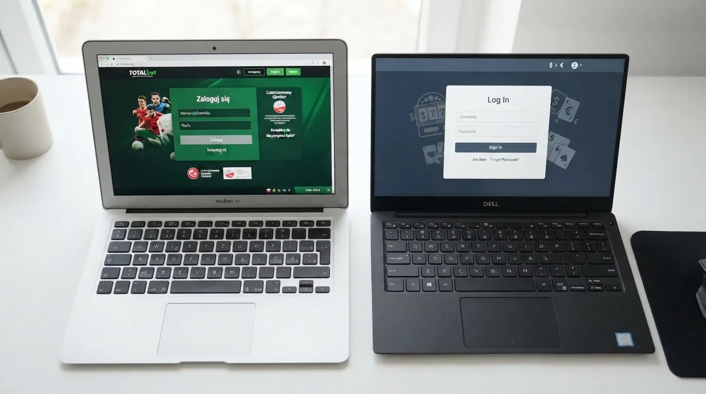 Dwa ekrany logowania kasyna online obok siebie na biurku, jeden z polskim interfejsem złotówkowym, symbolizujące porównanie dwóch różnych serwisów