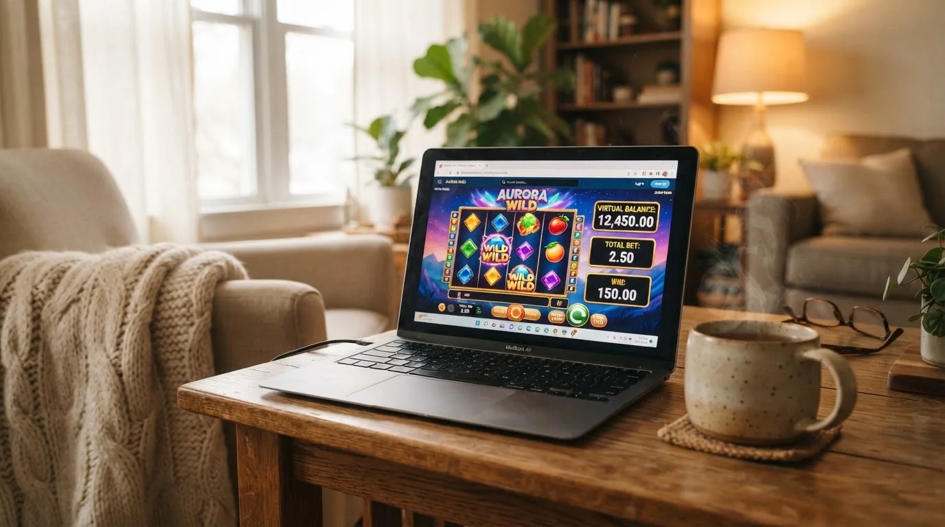 Ekran laptopa z automatem w trybie demo i saldem wirtualnych kredytów, obok kubek herbaty na stole w salonie