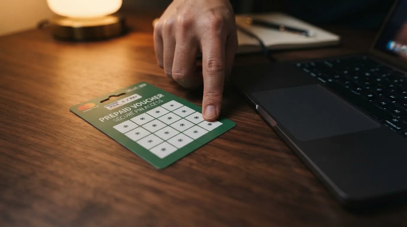 Karta przedpłacona Paysafecard z zasłoniętym polem kodu PIN obok klawiatury laptopa