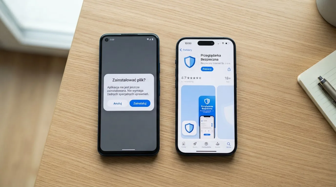 Dwa telefony obok siebie: na jednym komunikat zgody na instalację pliku APK z nieznanego źródła, na drugim strona aplikacji w sklepie z przyciskiem pobierania
