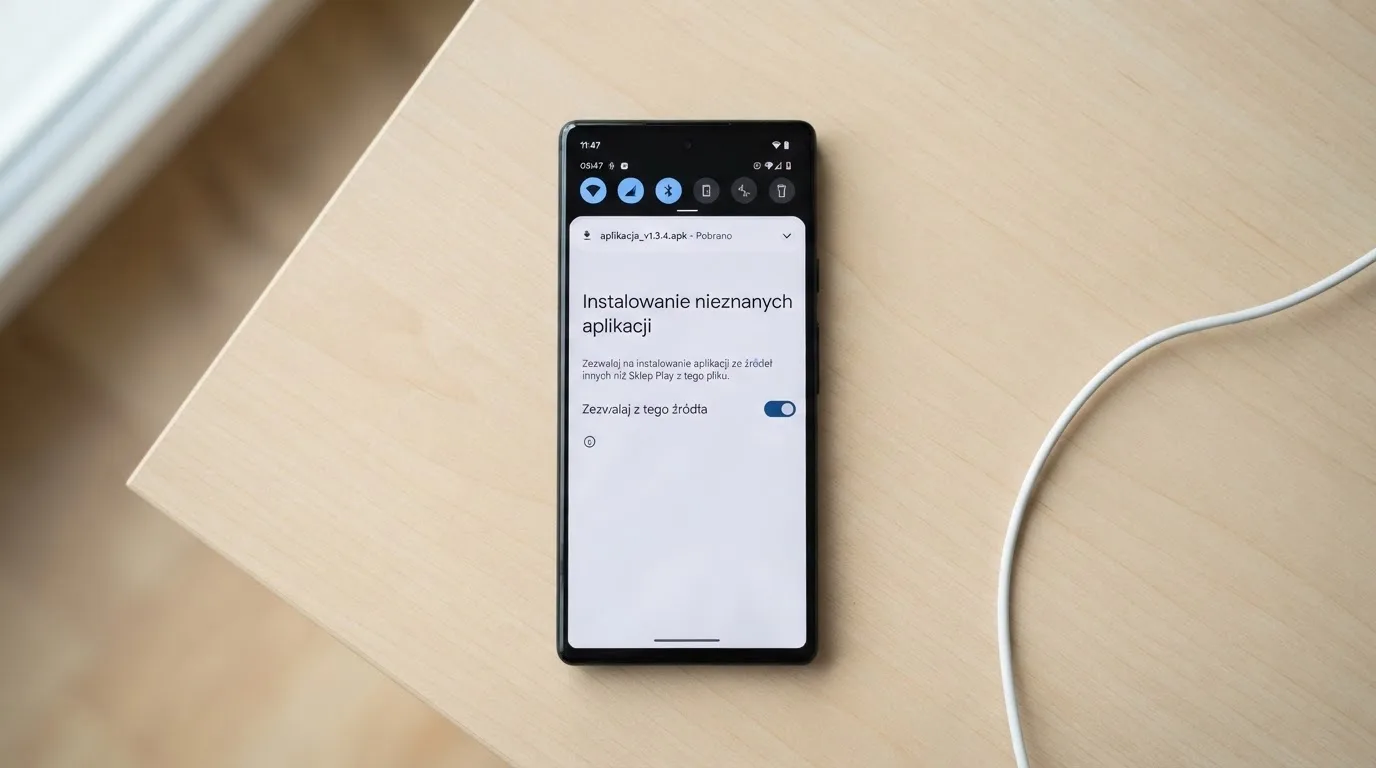 Ekran ustawień Androida z przełącznikiem zgody na instalację aplikacji z nieznanego źródła i pobranym plikiem instalacyjnym na liście