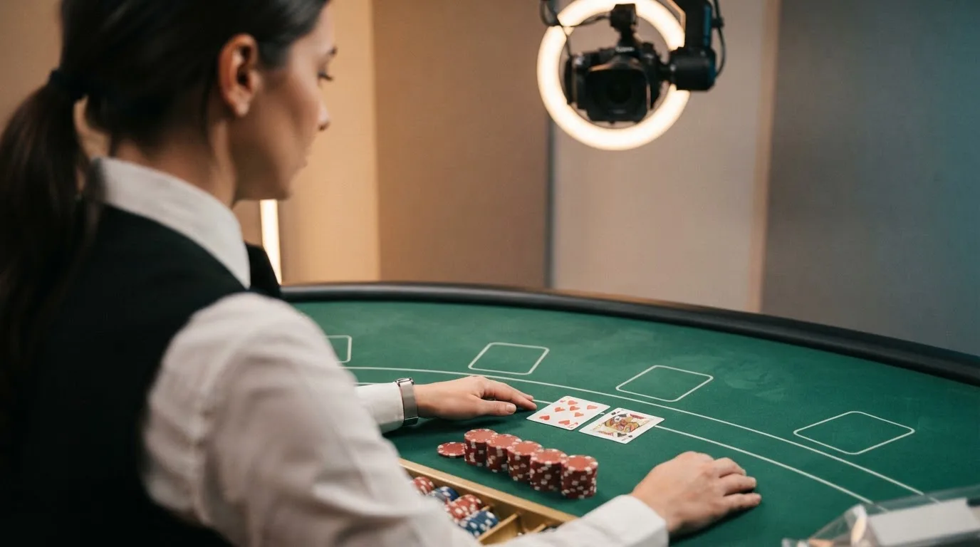 Krupier rozdający karty przy stole blackjacka podczas transmisji na żywo