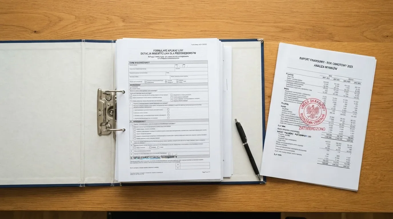 Segregator z wnioskiem o koncesję na kasyno gry, wydrukiem sprawozdania finansowego i urzędową pieczątką leżący na biurku