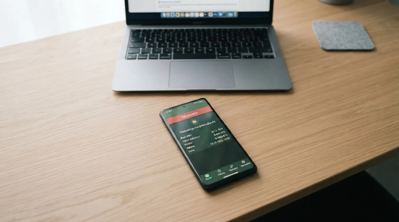 Smartfon z otwartym portfelem kryptowalut i komunikatem o odrzuconej płatności leżący obok laptopa