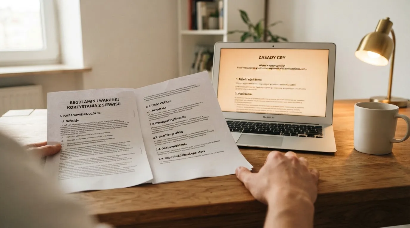 Dokument regulaminu operatora kasyna online rozłożony obok laptopa z otwartą stroną warunków gry