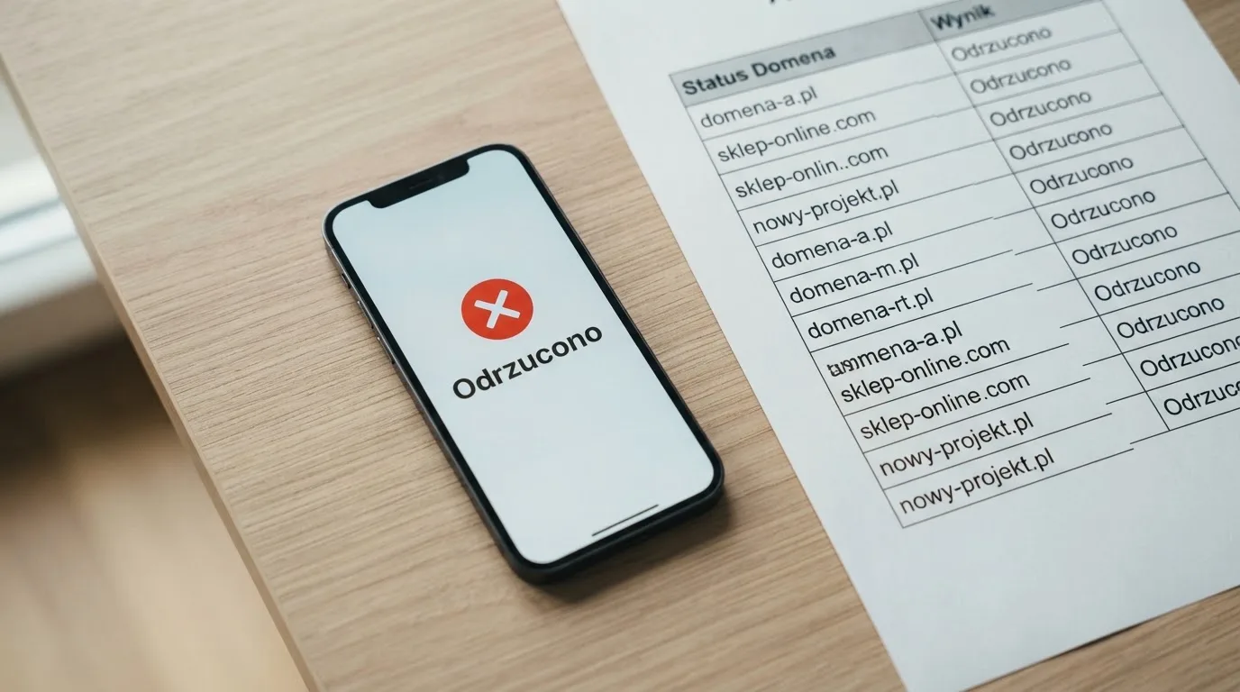 Telefon z komunikatem o odrzuconej płatności na ekranie, obok wydruk tabeli z listą zablokowanych adresów stron