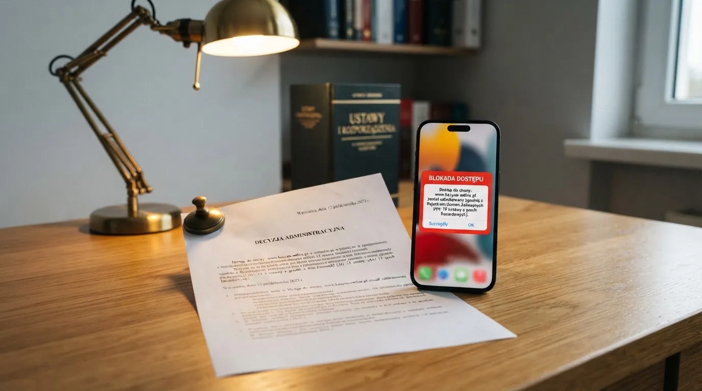 Biurko z wydrukiem ustawy o grach hazardowych i telefonem wyświetlającym komunikat o zablokowanej stronie kasyna