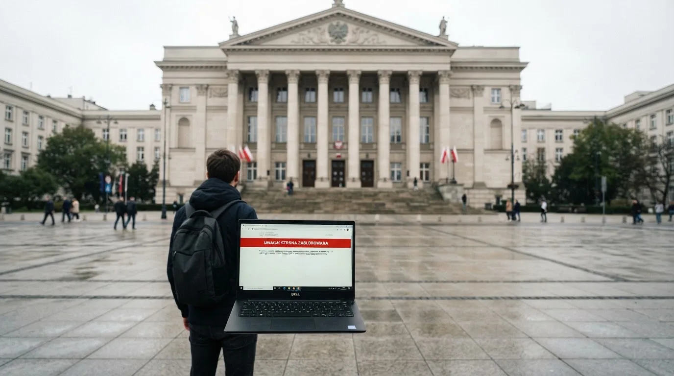 Budynek urzędu z tablicą ministerstwa, na pierwszym planie laptop z komunikatem o zablokowanej stronie kasyna