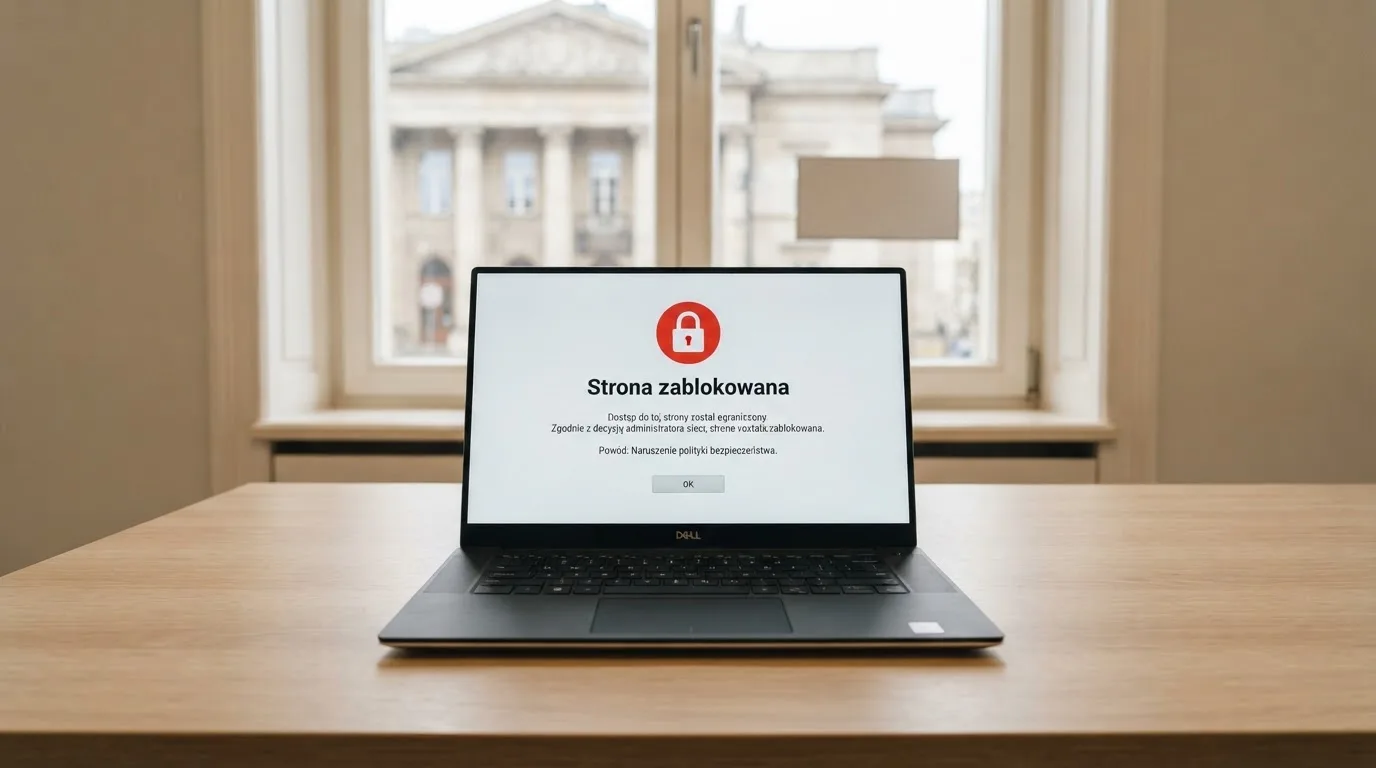 Laptop z komunikatem o zablokowanej stronie hazardowej, w tle budynek urzędu z tablicą ministerstwa