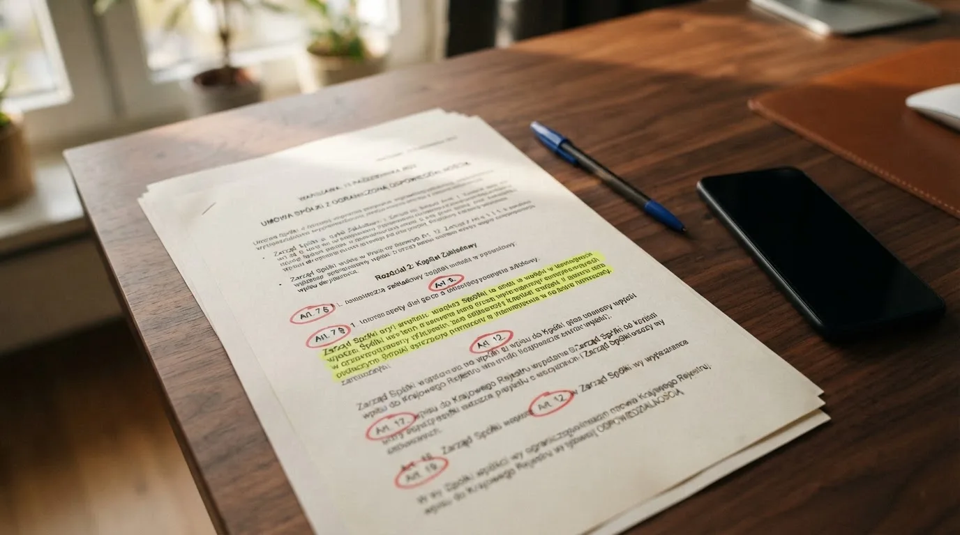 Wydruk ustawy o grach hazardowych z zakreślonymi artykułami leżący na biurku obok wyłączonego smartfona