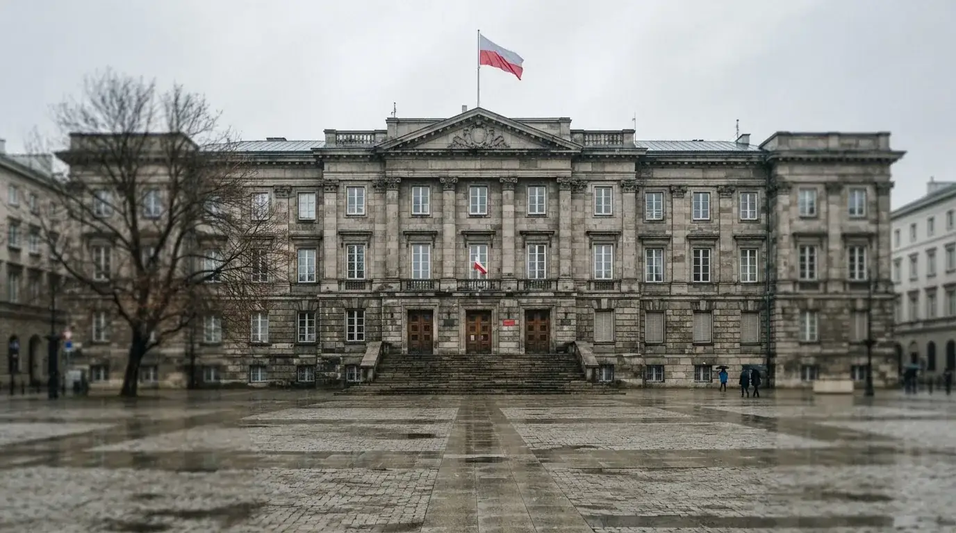 Budynek urzędu administracji państwowej z flagą Polski na maszcie w tle