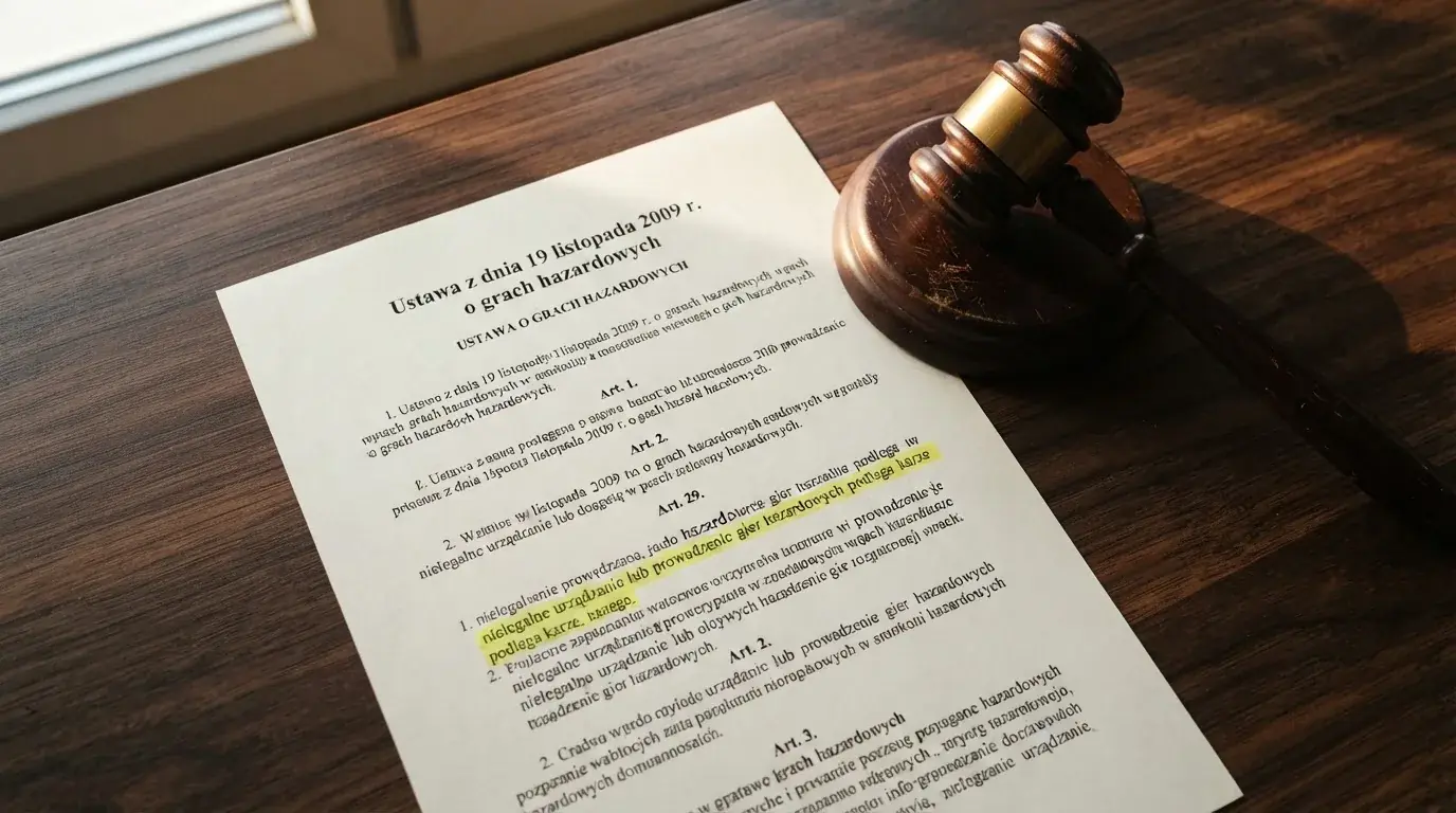 zbliżenie na wydrukowany paragraf ustawy o grach hazardowych leżący obok młotka sędziowskiego