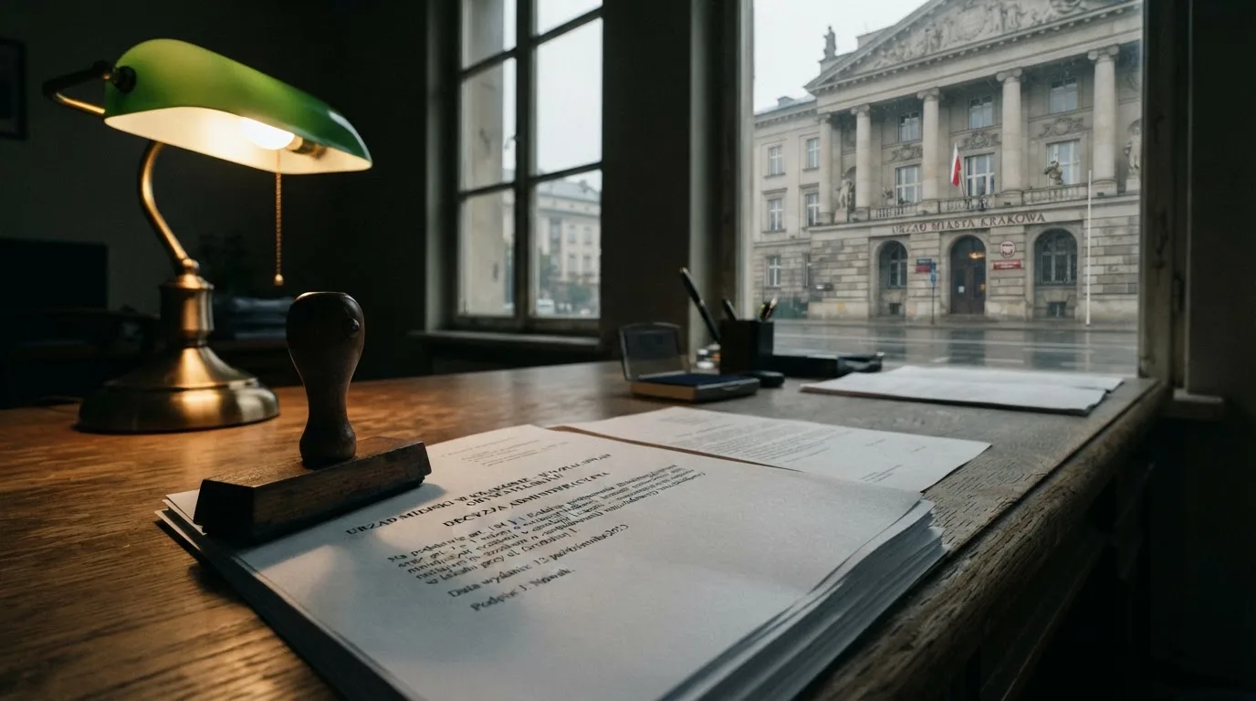 Stos dokumentów urzędowych i pieczęć na biurku, w tle sylwetka budynku administracji publicznej