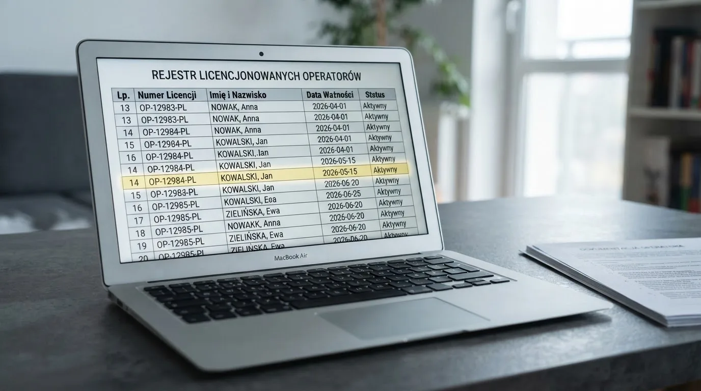 Ekran laptopa z otwartym rejestrem licencji regulatora z Curaçao, w którym jeden wiersz zaznaczono żółtym podświetleniem
