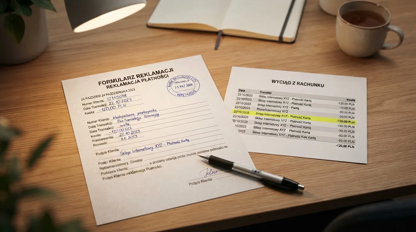 Wydrukowany formularz reklamacji leżący na biurku obok długopisu i wyciągu bankowego z zakreśloną pozycją