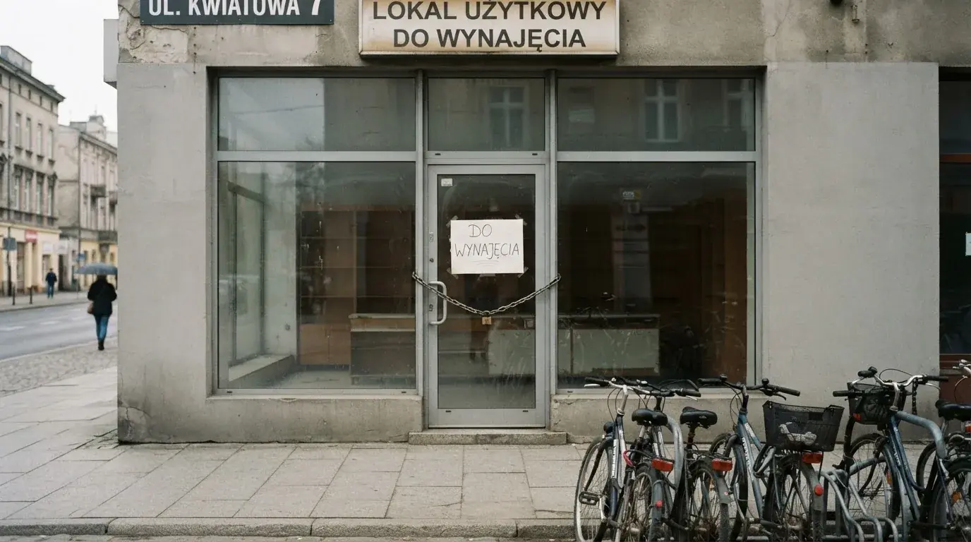 Pusty, zamknięty lokal handlowy z tabliczką „do wynajęcia”, symbolizujący brak działających salonów gry bingo pieniężne