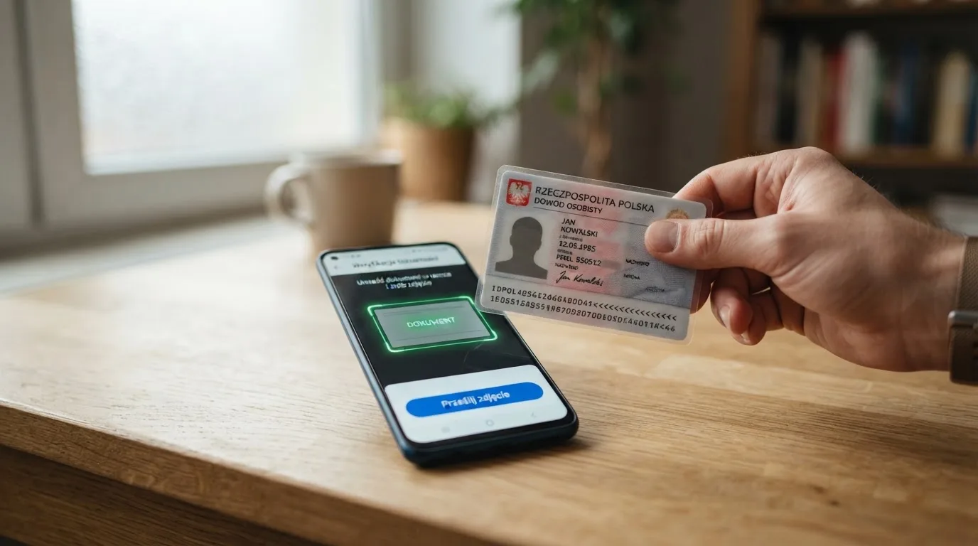 Dłoń trzymająca dowód osobisty nad smartfonem z otwartym formularzem przesyłania zdjęcia dokumentu