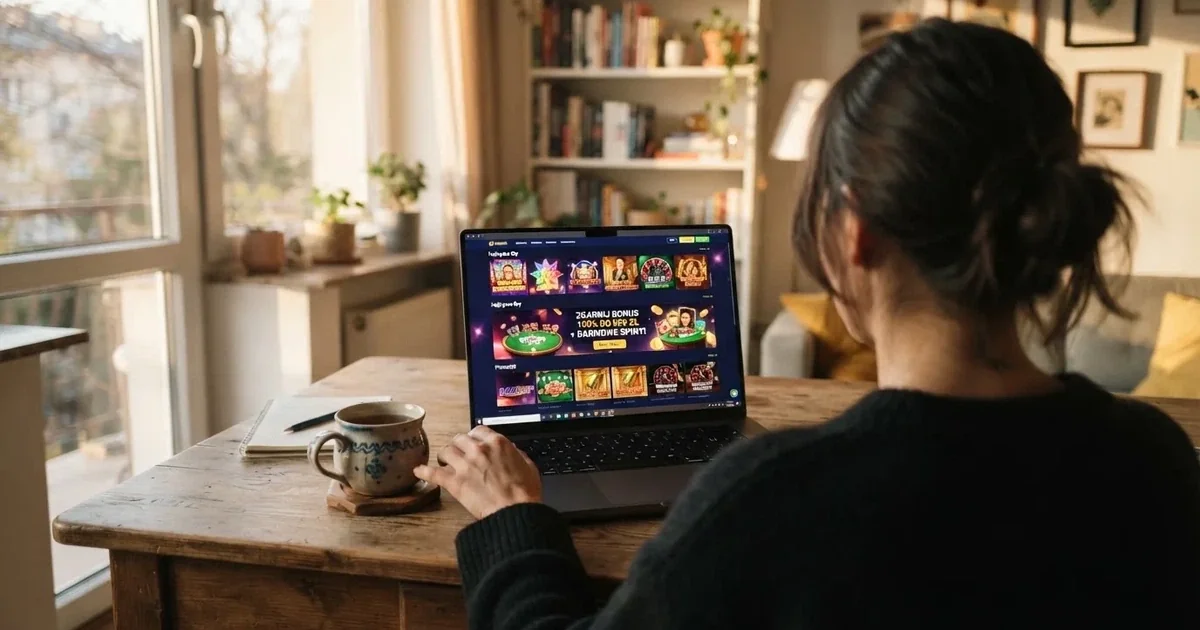 Gracz w Polsce sprawdza na laptopie ofertę zagranicznych kasyn online z bonusami.